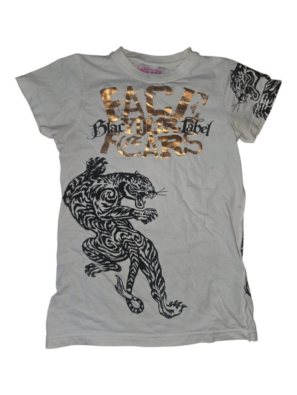 Y2K Black Label Graphic Tee with Gold Foil 'Face Your Fears' Print Size S